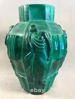 PV03141 Art Deco Malachite Glass Arthur Plewa INGRID Draped Nudes Vase by Riedel