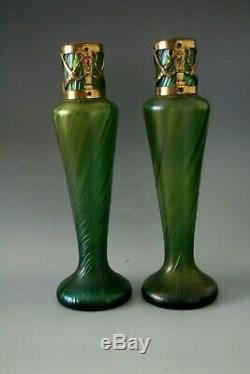 Pair Antique Art Nouveau Glass Vases With Metal Mounts Possibly Loetz, C. 1910