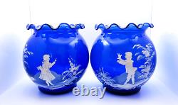 Pair Antique Genuine Late 19th Century Hand blown Blue Mary Gregory Glass Vases