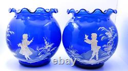 Pair Antique Genuine Late 19th Century Hand blown Blue Mary Gregory Glass Vases