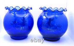 Pair Antique Genuine Late 19th Century Hand blown Blue Mary Gregory Glass Vases