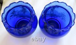 Pair Antique Genuine Late 19th Century Hand blown Blue Mary Gregory Glass Vases