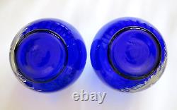 Pair Antique Genuine Late 19th Century Hand blown Blue Mary Gregory Glass Vases