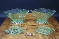 Pair Art Deco Bagley 1333 Green Glass Vases & Frogs Stunning 1920s 1930s