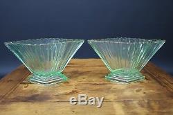Pair Art Deco Bagley 1333 Green Glass Vases & Frogs Stunning 1920s 1930s