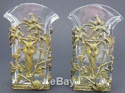 Pair Art Nouveau Glass Crystal Vases Bronze Mount Jugendstil Ormolu poss Austria