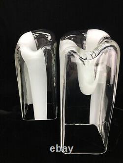 Pair Carlo Nason Mazzega Murano White Clear Glass Vases Candlesticks Italy 1974
