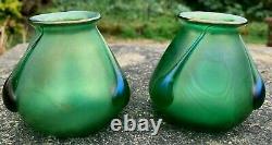Pair Of Antique Art Nouveau Loetz Iridescent Green Glass Vases Bohemian Vase