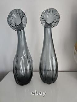 Pair Of Mid Century Scandinavian Smoke-Grey Statement Art Glass Vases 47cm VGC
