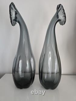 Pair Of Mid Century Scandinavian Smoke-Grey Statement Art Glass Vases 47cm VGC