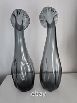Pair Of Mid Century Scandinavian Smoke-Grey Statement Art Glass Vases 47cm VGC
