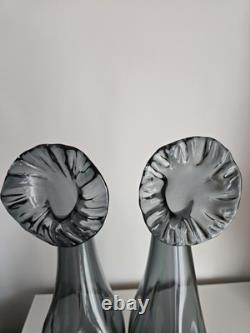 Pair Of Mid Century Scandinavian Smoke-Grey Statement Art Glass Vases 47cm VGC