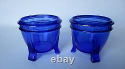 Pair of Antique Deco Cobalt Blue Glass 4 1/2-Inch Planters/Bowls With Greek Key
