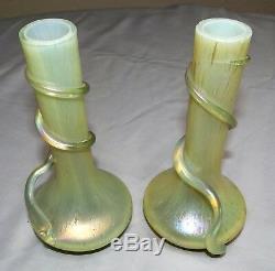 Pair of Antique LOETZ Iridescent Applied Spiral Snake Art Glass 6 Vases Vtg