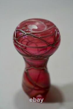 Pallme-Koenig Austria Art Nouveau Art Glass Cranberry Iridescent Threaded Vase