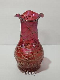 Pallme Koenig Iridscent Cranberry Veined Frit Art Noueau Vase 18.5cm Circa 1900