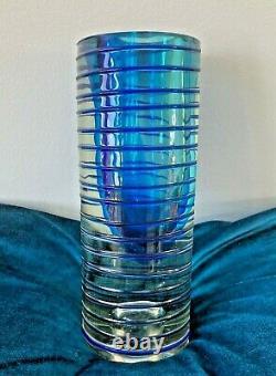 Pavel Hlava Style Sommerso Ribbed Faceted Blue Glass Vase / Candle Holder