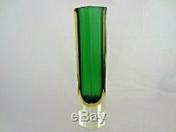 Perfect Italian Murano faceted art glass vase green amber hexagon shape 6 sides