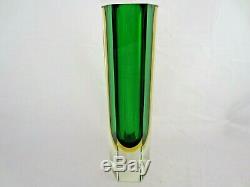Perfect Italian Murano faceted art glass vase green amber hexagon shape 6 sides