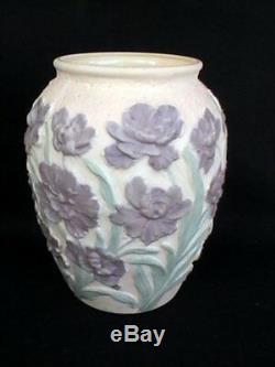 Phoenix Consolidated Embossed Custard Art Glass Vase Lavender Green Floral
