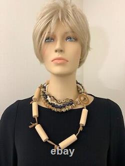 Piazza Sempione Long Choker Necklace Lucite Art Glass Wood Beads Leather Cord
