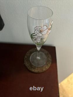 Pierre Jouet Champagne Flute CRYSTAL Glasses PINK & WHITE Flowers Vtg FRANCE