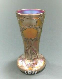 QUEZAL Art Glass Vase withSterling Overlay Signed ca 1902-24 Tiffany Steuben Era