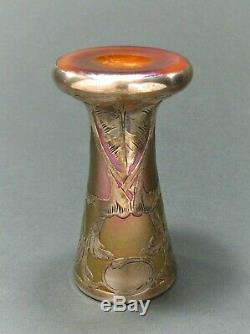 QUEZAL Art Glass Vase withSterling Overlay Signed ca 1902-24 Tiffany Steuben Era