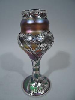 Quezal Vase Antique Art Nouveau American Art Glass & Silver Overlay