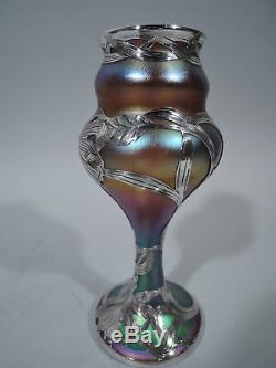 Quezal Vase Antique Art Nouveau American Art Glass & Silver Overlay