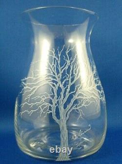 RARE Signed HAND ETCHED Abstract TREE Art Glass Small to Med FLOWER VASE Unique