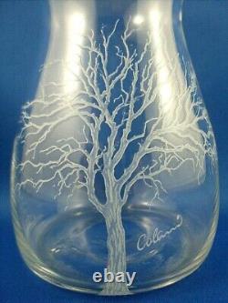 RARE Signed HAND ETCHED Abstract TREE Art Glass Small to Med FLOWER VASE Unique