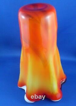 RARE Vintage 21cm SUNBURST Glass-Blown ART GLASS VASE Orange Ripple COLLECTABLE