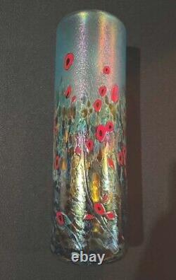 ROBERT HELD 10-3/8 Iridescent Art Glass California Red Poppy Vase Blue Amber