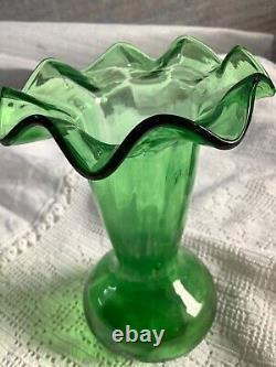 Rare Antique Handblown Green Ruffled Glass Vase 1900s 13.5cm x 9cm UK