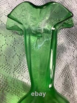 Rare Antique Handblown Green Ruffled Glass Vase 1900s 13.5cm x 9cm UK