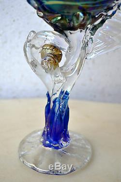 Rare Early Tina Cooper Blue Iridescent Art Glass Vase Sculpture 1996 Australian