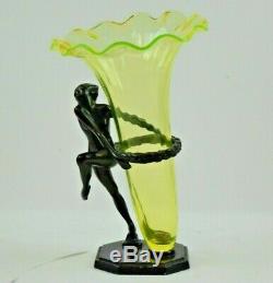 Rare Frankart 1927 Art Deco Nude Woman Holding Ring with Vaseline Glass Vase