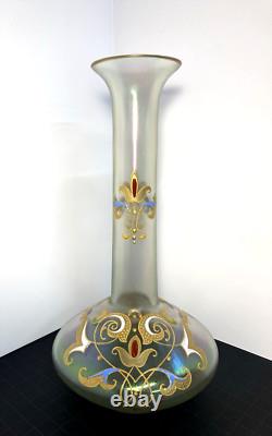 Rare Josephinenhutte Cypern Green Iredesent Enameled Glass Vase C. 1899