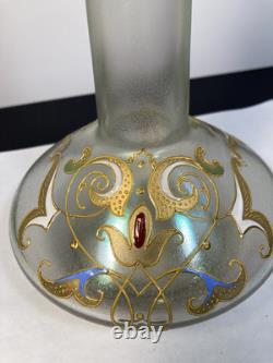 Rare Josephinenhutte Cypern Green Iredesent Enameled Glass Vase C. 1899