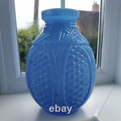Rare Large SPIP French Art Deco Blue Opaline Geometric pattern Art Glass Vase