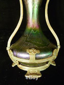 Rare Loetz Art Nouveau Iridescent Vase In Original Bronze Formed Stand C 1905