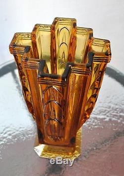 Rare Old Art Deco Amber Glass Vase 26 cm (10) Tall Gorgeous Inca Cross Design