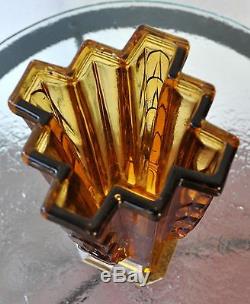 Rare Old Art Deco Amber Glass Vase 26 cm (10) Tall Gorgeous Inca Cross Design