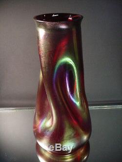 Rare Rindskopf Art Glass Blood Red Striated Iridescent Vase 12H Art Deco Czech