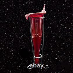 Rare Vaseline Uranium Art Glass Jack In The Pulpit Vase Ruby Red W Metal Stand