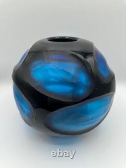 Rare Vintage Murano Battuto Art Glass Vase Blue Carved Carlo Scarpa, Italy