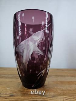 Rare Watford Deep Water Amethyst Engraved Swordfish Vase British Art Glass