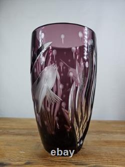 Rare Watford Deep Water Amethyst Engraved Swordfish Vase British Art Glass
