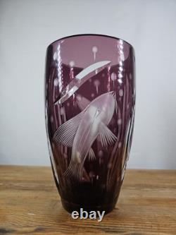 Rare Watford Deep Water Amethyst Engraved Swordfish Vase British Art Glass